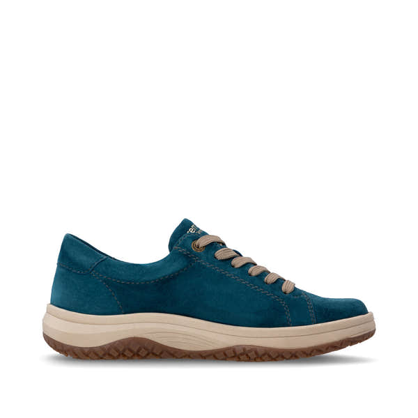 Remonte D3Q00-12 women's wide petrol blue suede water resistant zip & lace shoes, outer side view.