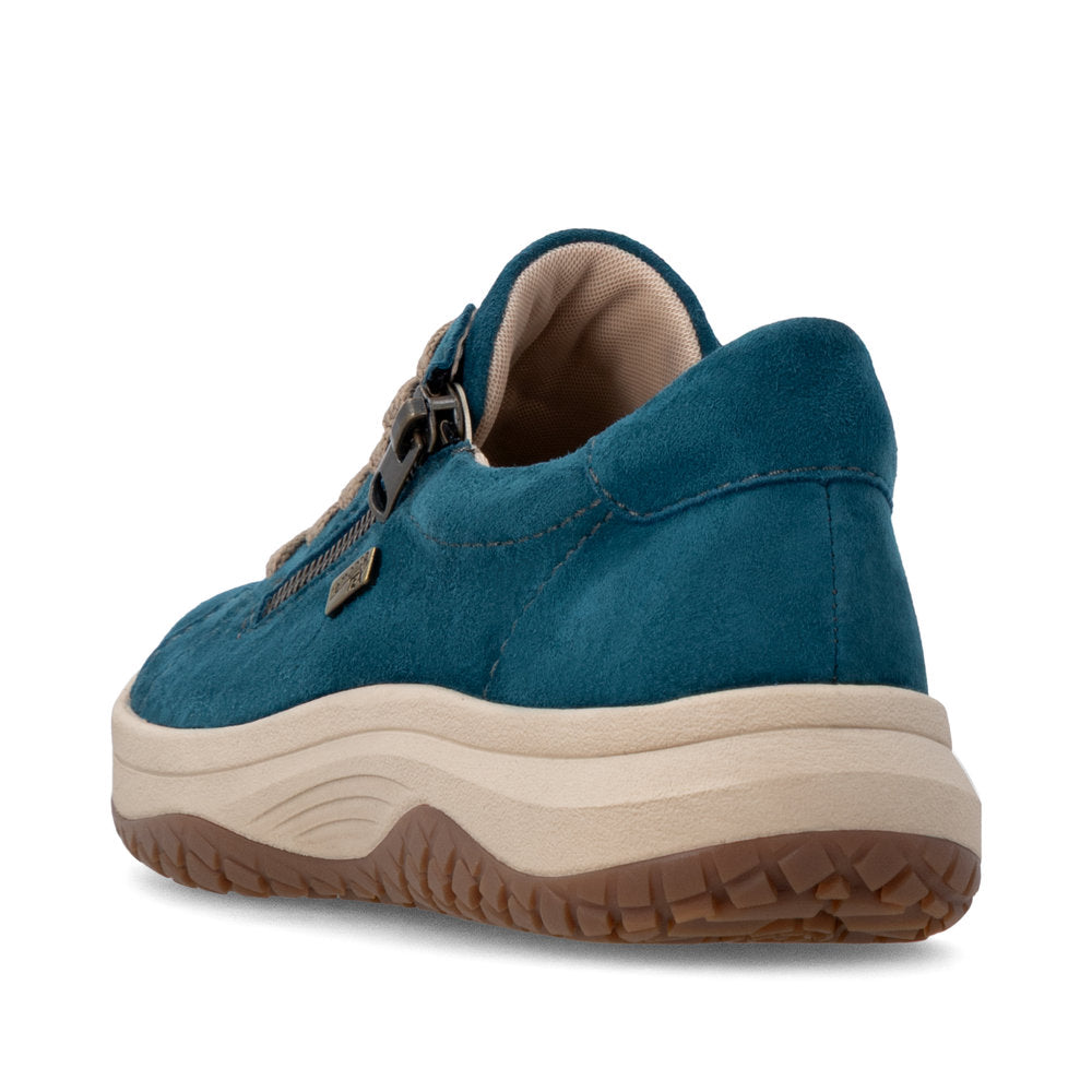 Remonte D3Q00-12 women's wide petrol blue suede water resistant zip & lace shoes, rear three-quarter view.