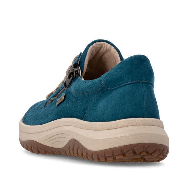 Remonte D3Q00-12 women's wide petrol blue suede water resistant zip & lace shoes, rear three-quarter view.