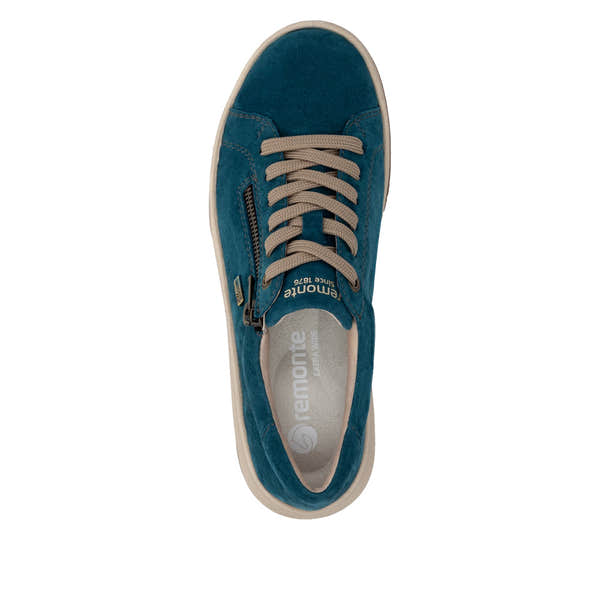 Remonte D3Q00-12 women's wide petrol blue suede water resistant zip & lace shoes, top view.