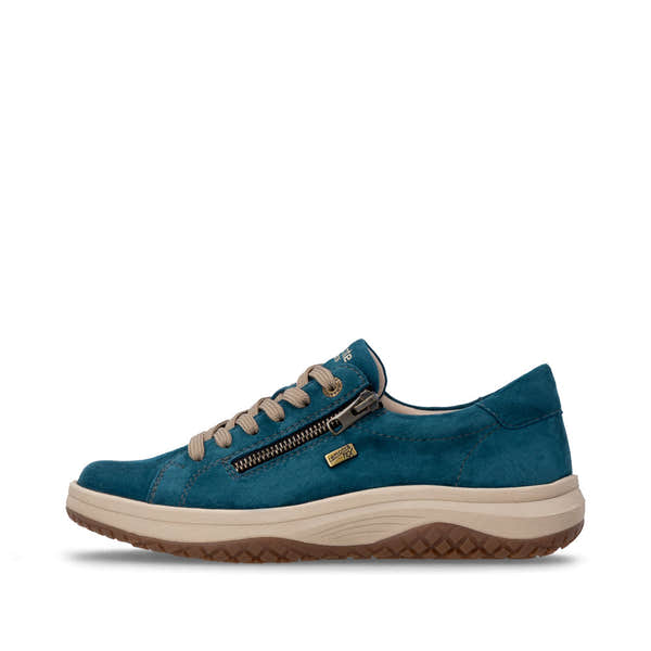 Remonte D3Q00-12 women's wide petrol blue suede water resistant zip & lace shoes, inner side view.