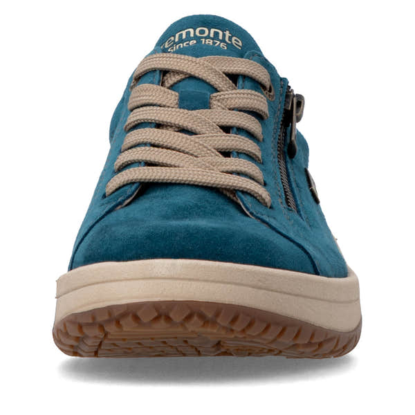 Remonte D3Q00-12 women's wide petrol blue suede water resistant zip & lace shoes, front view.