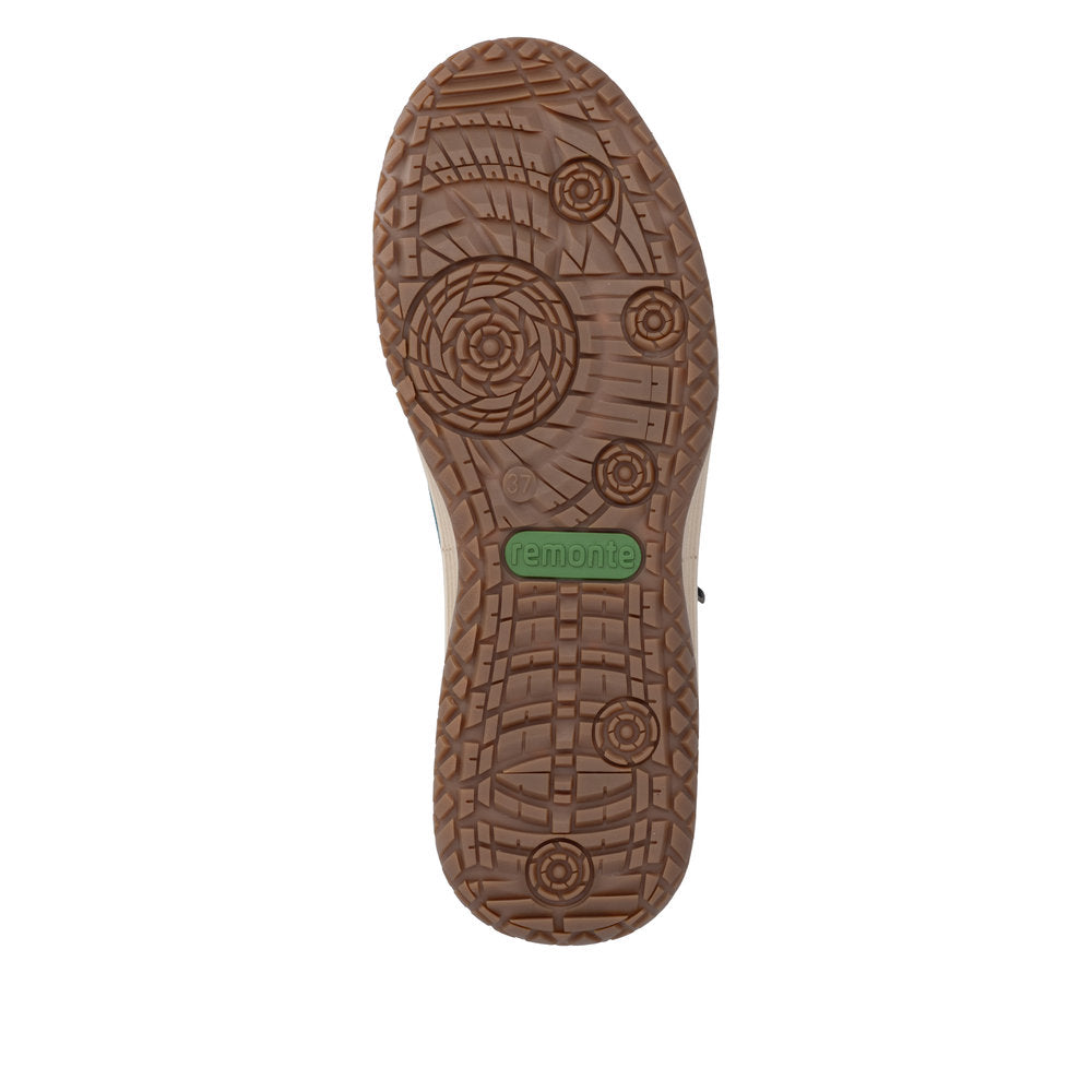 Remonte D3Q00-12 women's wide petrol blue suede water resistant zip & lace shoes, sole and tread view.