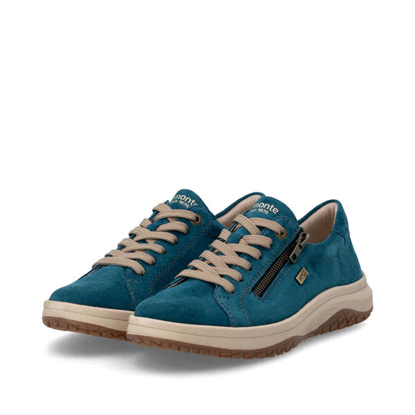 Remonte D3Q00-12 women's wide petrol blue suede water resistant zip & lace shoes, paired three-quarter view.