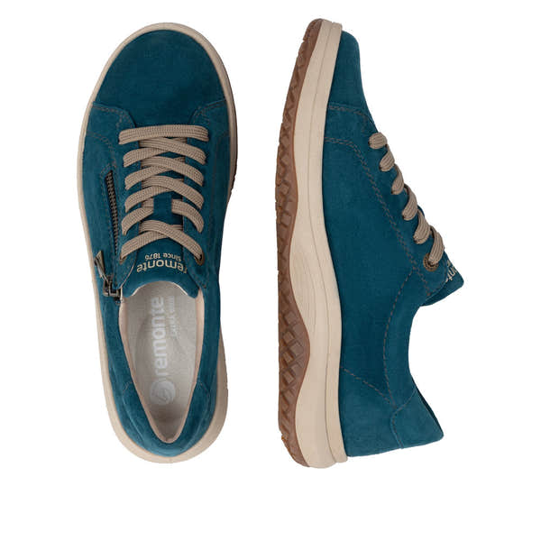 Remonte D3Q00-12 women's wide petrol blue suede water resistant zip & lace shoes, two-angle product view.