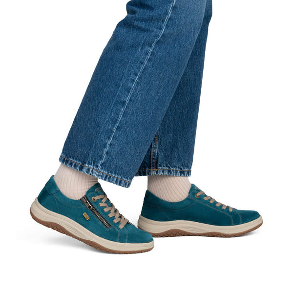 Remonte D3Q00-12 women's wide petrol blue suede water resistant zip & lace shoes, on-foot lifestyle view.