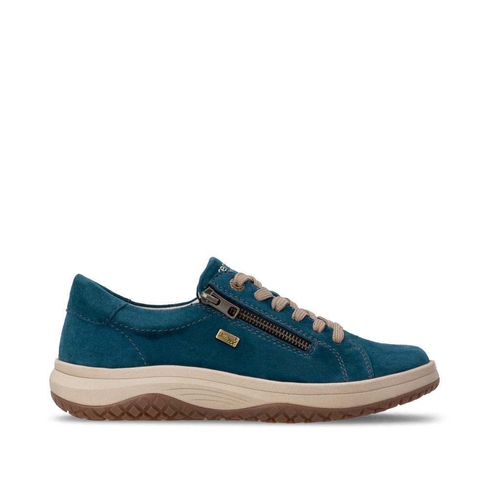 Remonte D3Q00-12 women's wide petrol blue suede water resistant zip & lace shoes, opposite side view.