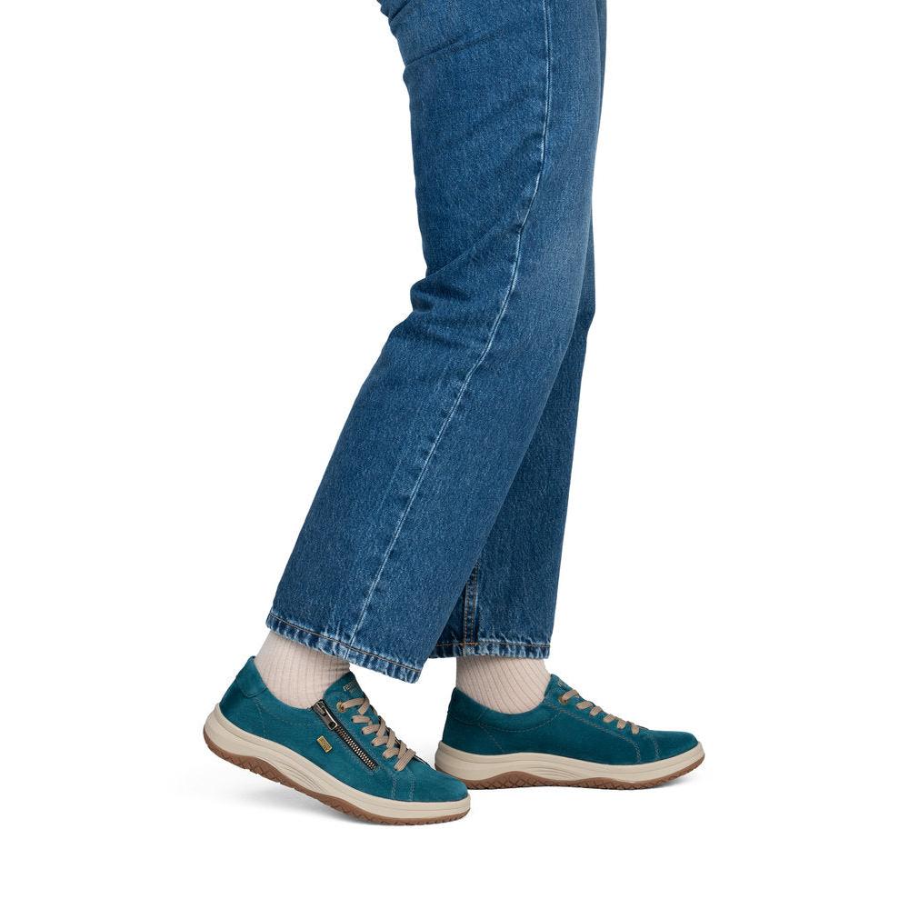Remonte D3Q00-12 women's wide petrol blue suede water resistant zip & lace shoes, on-foot lifestyle view.