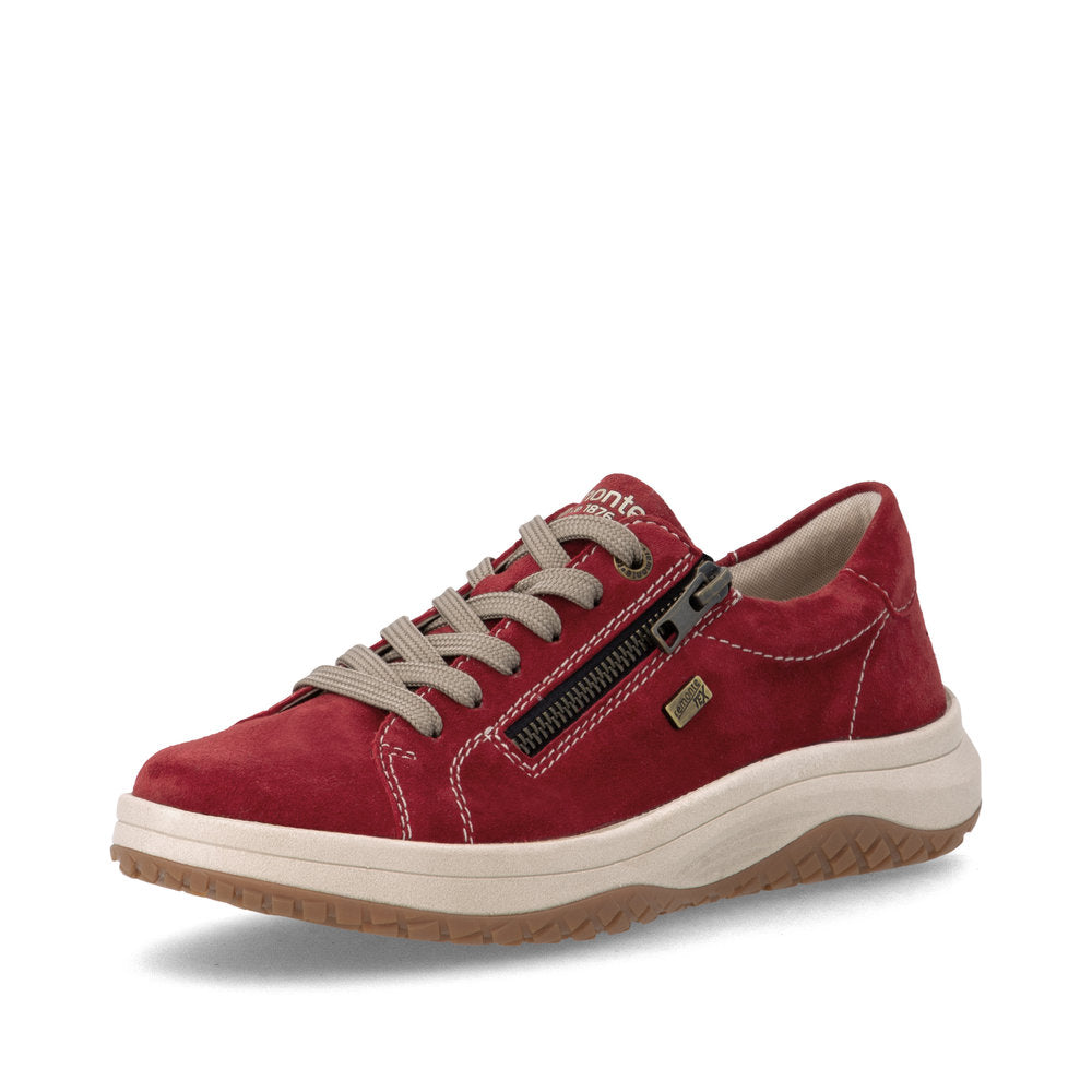 Remonte D3Q00-35 women's wide red suede water resistant zip & lace shoes, front three-quarter view.