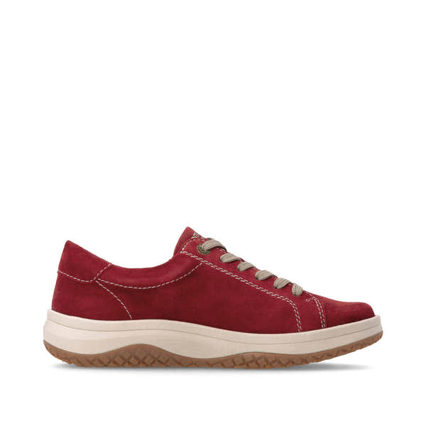 Remonte D3Q00-35 women's wide red suede water resistant zip & lace shoes, outer side view.