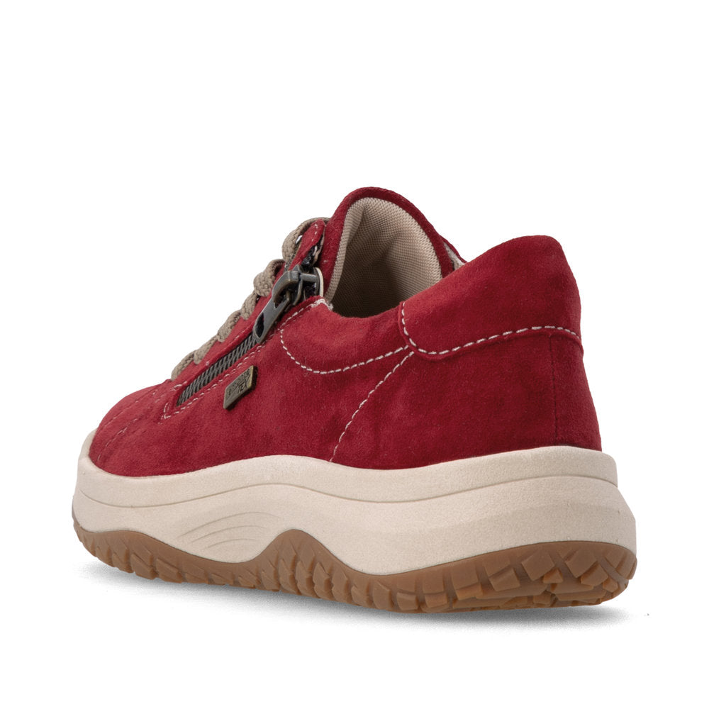 Remonte D3Q00-35 women's wide red suede water resistant zip & lace shoes, rear three-quarter view.