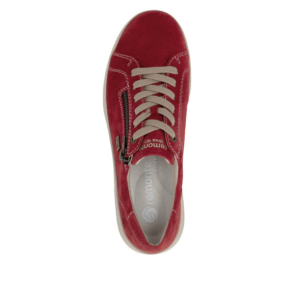 Remonte D3Q00-35 women's wide red suede water resistant zip & lace shoes, top view.