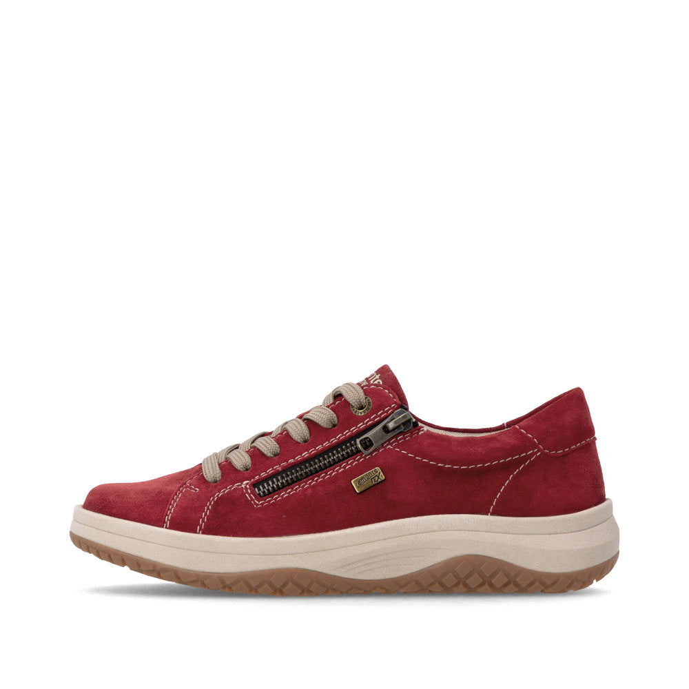 Remonte D3Q00-35 women's wide red suede water resistant zip & lace shoes, inner side view.