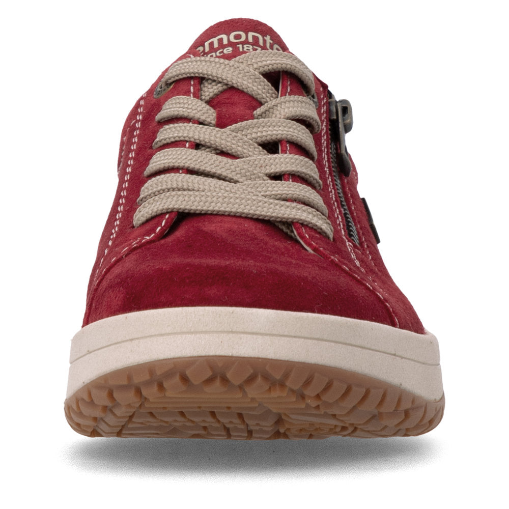 Remonte D3Q00-35 women's wide red suede water resistant zip & lace shoes, front view.
