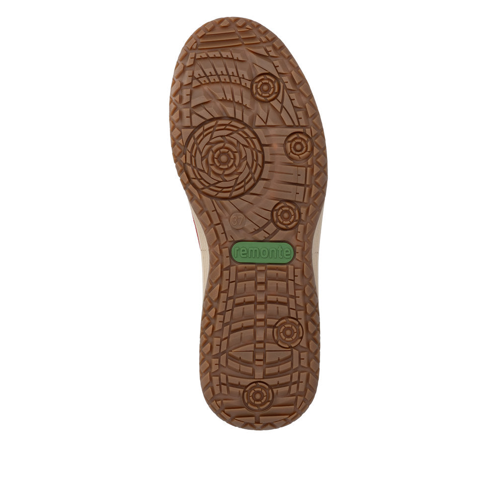 Remonte D3Q00-35 women's wide red suede water resistant zip & lace shoes, sole and tread view.