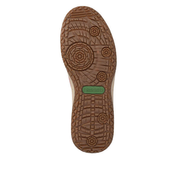 Remonte D3Q00-35 women's wide red suede water resistant zip & lace shoes, sole and tread view.