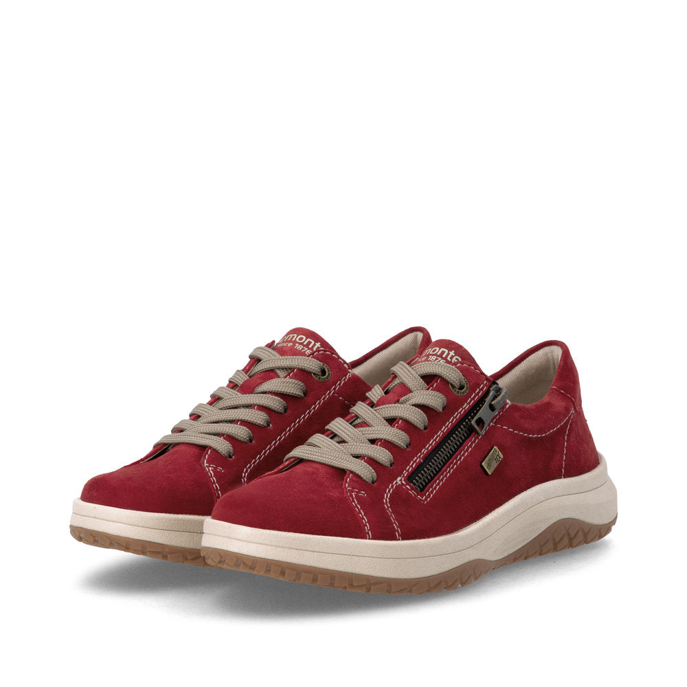 Remonte D3Q00-35 women's wide red suede water resistant zip & lace shoes, paired three-quarter view.