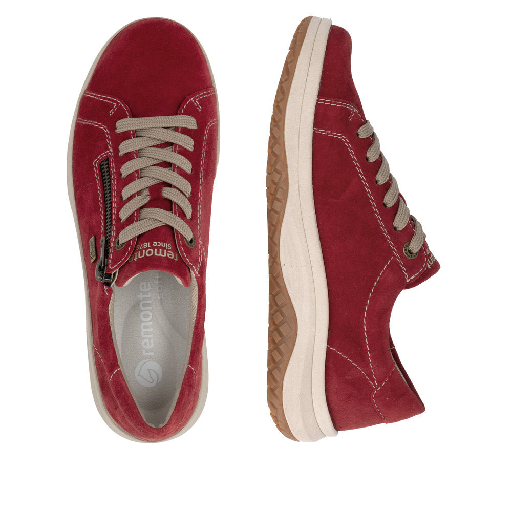 Remonte D3Q00-35 women's wide red suede water resistant zip & lace shoes, two-angle product view.
