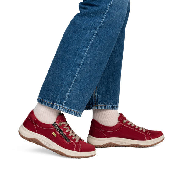 Remonte D3Q00-35 women's wide red suede water resistant zip & lace shoes, on-foot lifestyle view.