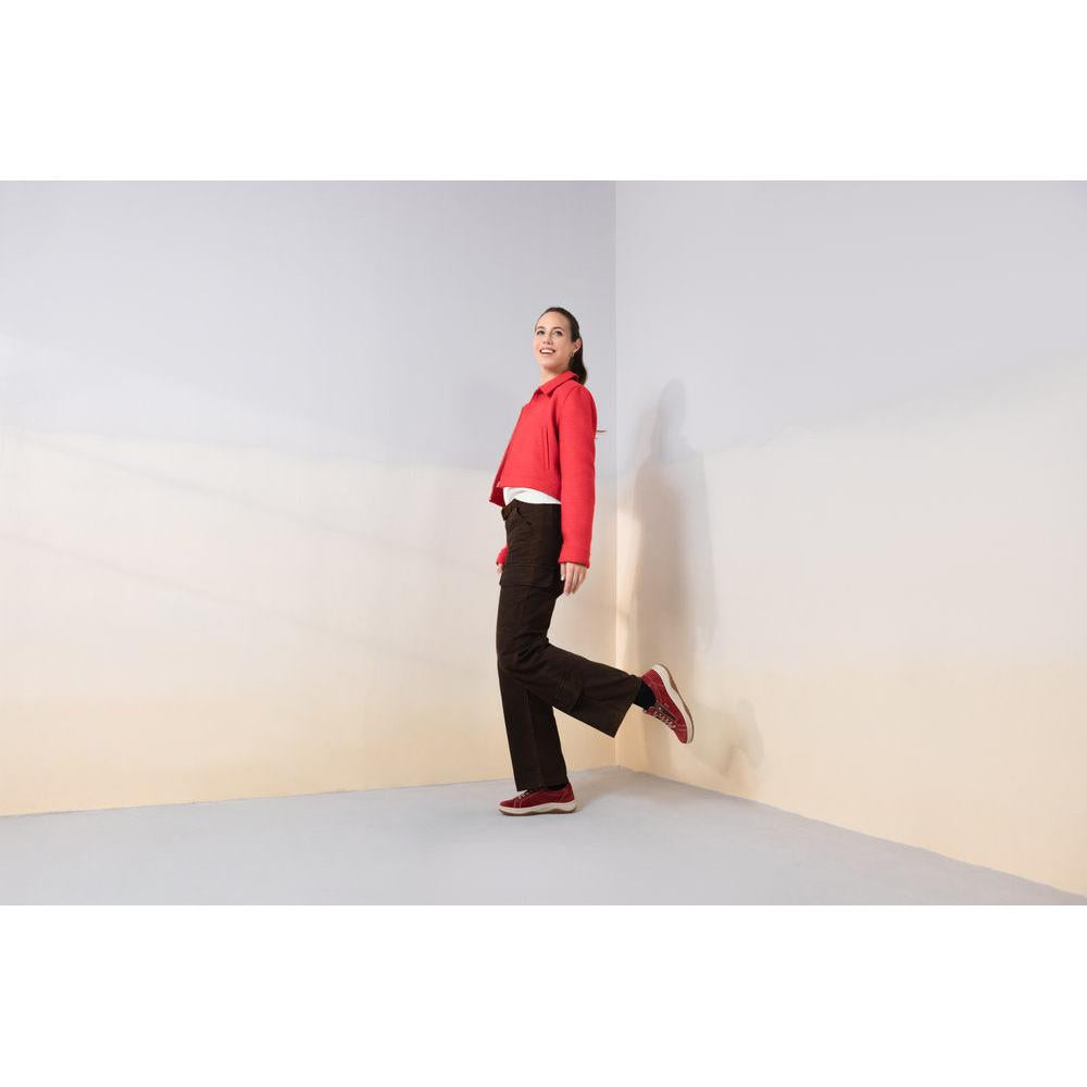 Remonte D3Q00-35 women's wide red suede water resistant zip & lace shoes, lifestyle view 2 of 5.