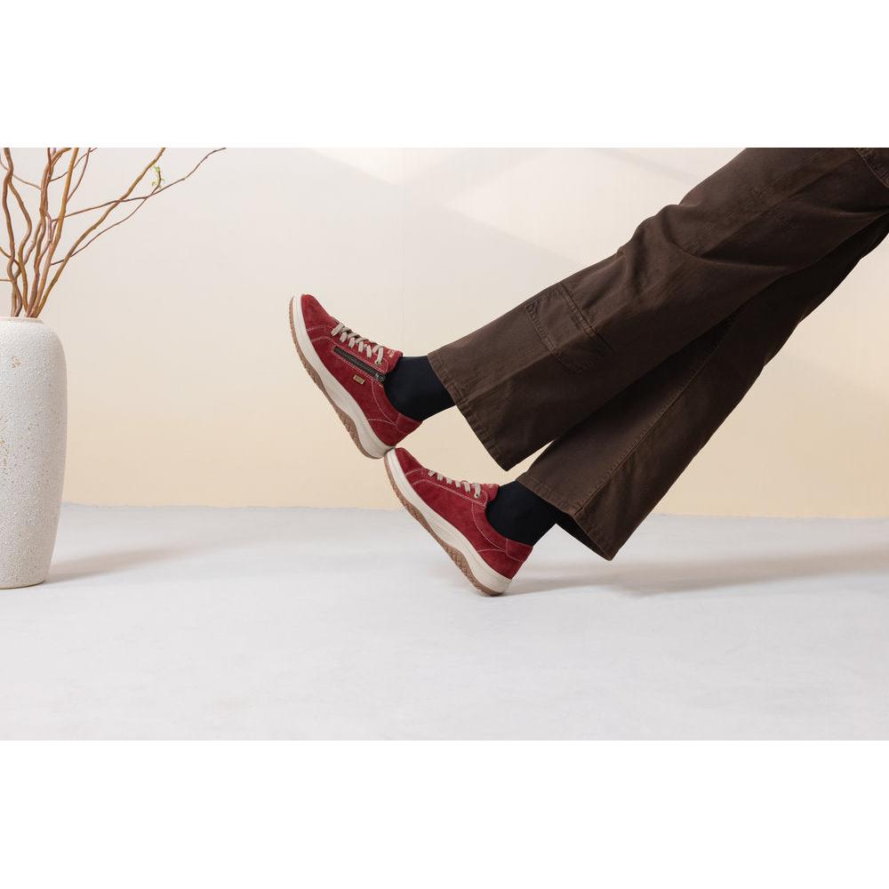 Remonte D3Q00-35 women's wide red suede water resistant zip & lace shoes, lifestyle view 3 of 5.