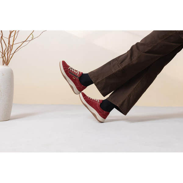 Remonte D3Q00-35 women's wide red suede water resistant zip & lace shoes, lifestyle view 3 of 5.