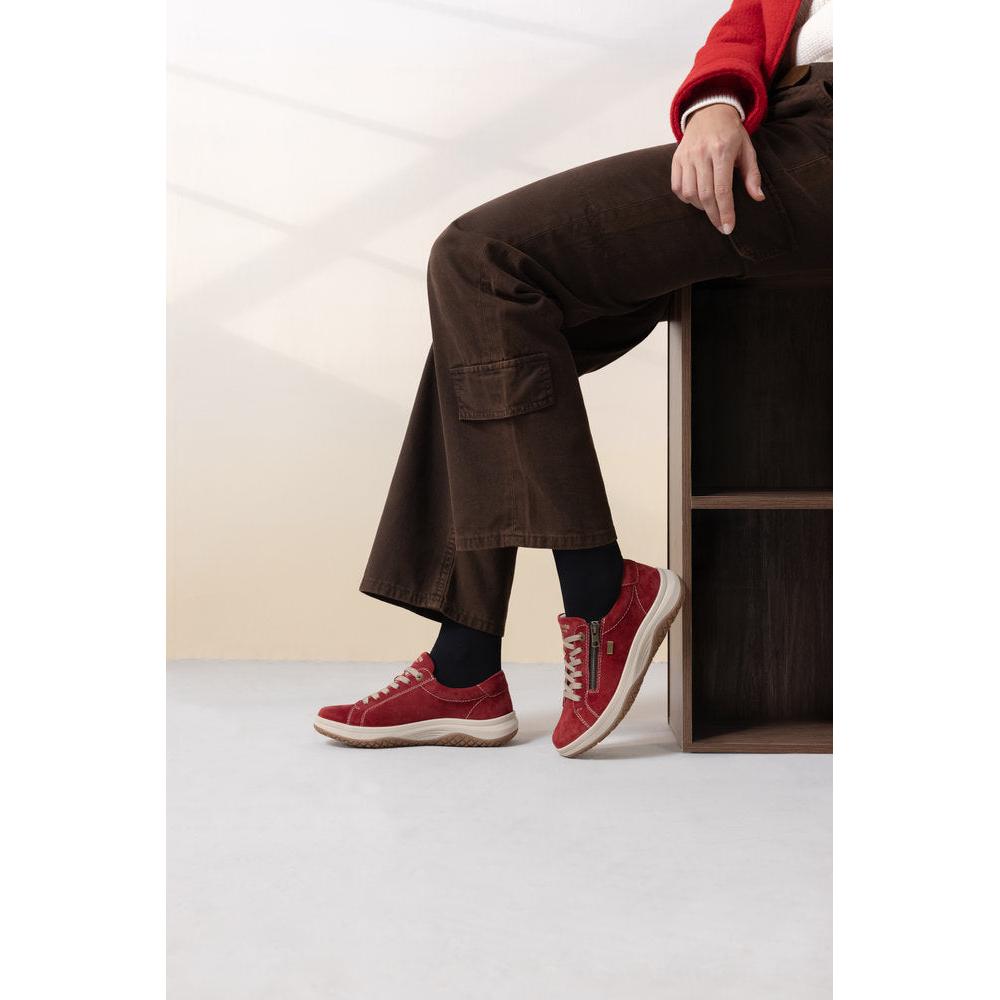 Remonte D3Q00-35 women's wide red suede water resistant zip & lace shoes, lifestyle view 4 of 5.