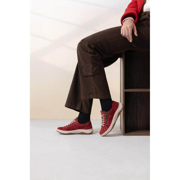 Remonte D3Q00-35 women's wide red suede water resistant zip & lace shoes, lifestyle view 4 of 5.
