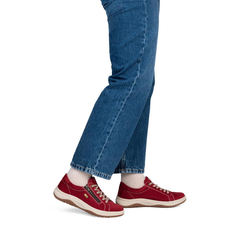 Remonte D3Q00-35 women's wide red suede water resistant zip & lace shoes, on-foot lifestyle view.