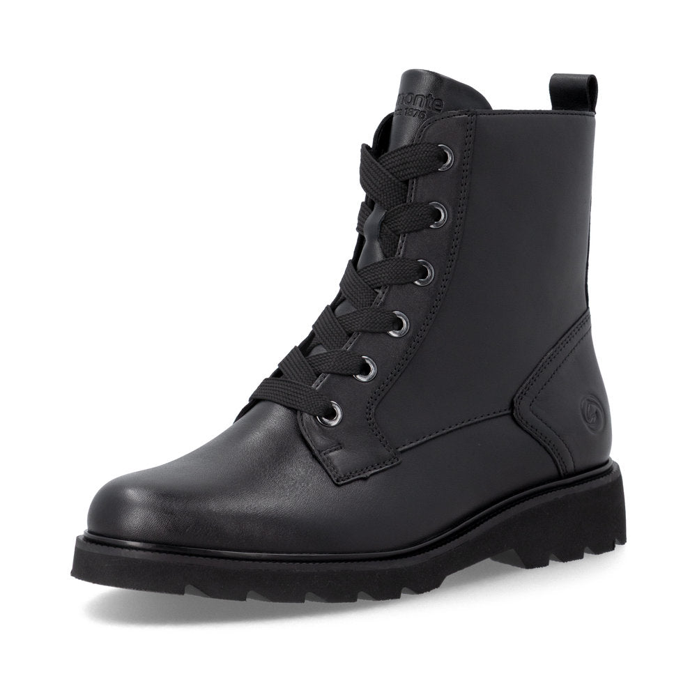 Remonte D3S71-00 women's wide black leather zip & lace ankle boots, front three-quarter view.