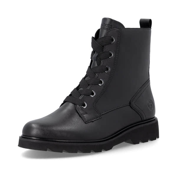 Remonte D3S71-00 women's wide black leather zip & lace ankle boots, front three-quarter view.