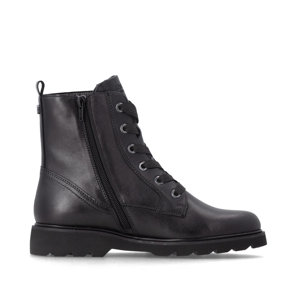Remonte D3S71-00 women's wide black leather zip & lace ankle boots, outer side view.