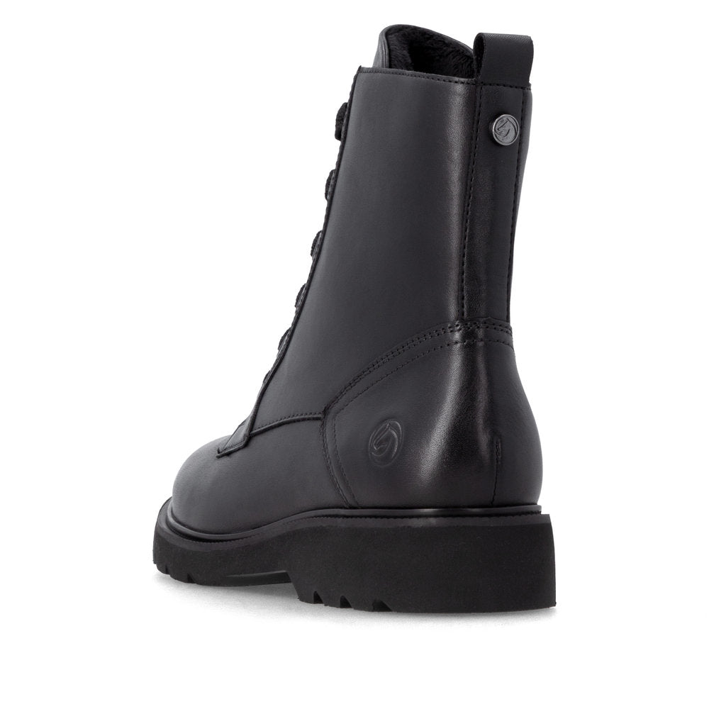 Remonte D3S71-00 women's wide black leather zip & lace ankle boots, rear three-quarter view.