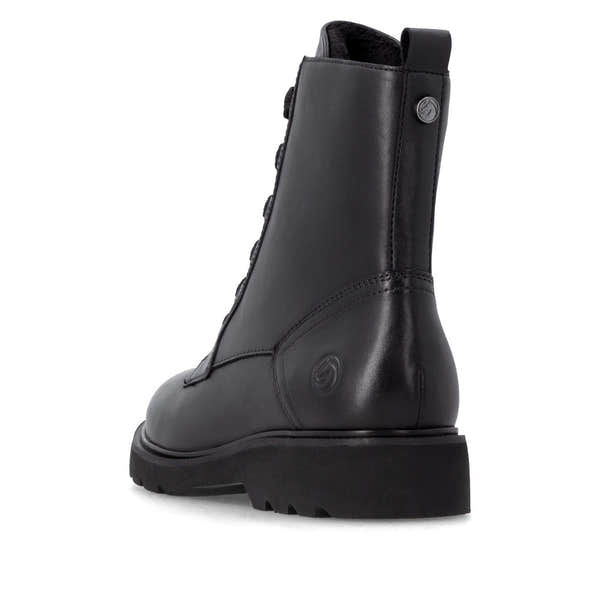 Remonte D3S71-00 women's wide black leather zip & lace ankle boots, rear three-quarter view.