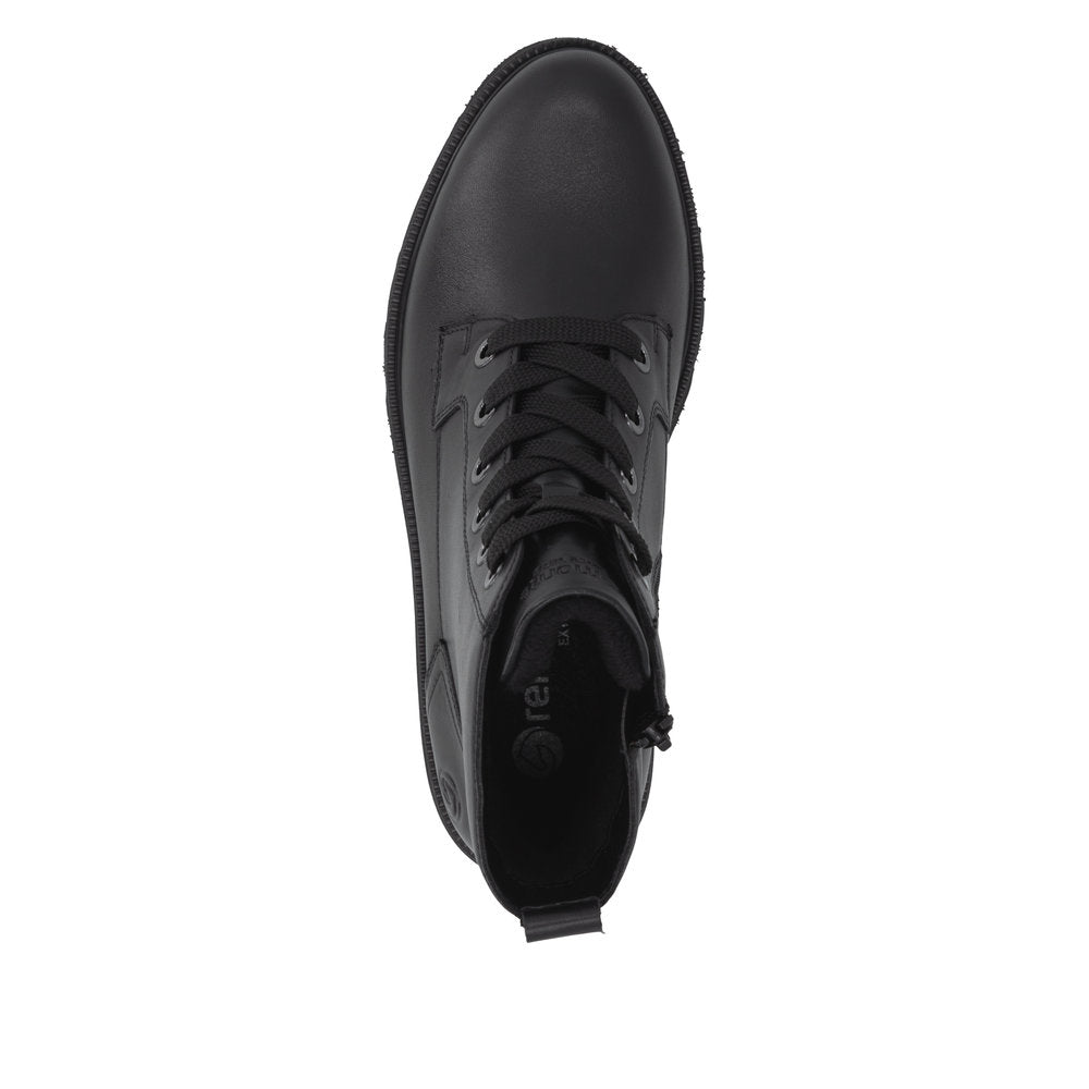 Remonte D3S71-00 women's wide black leather zip & lace ankle boots, top view.