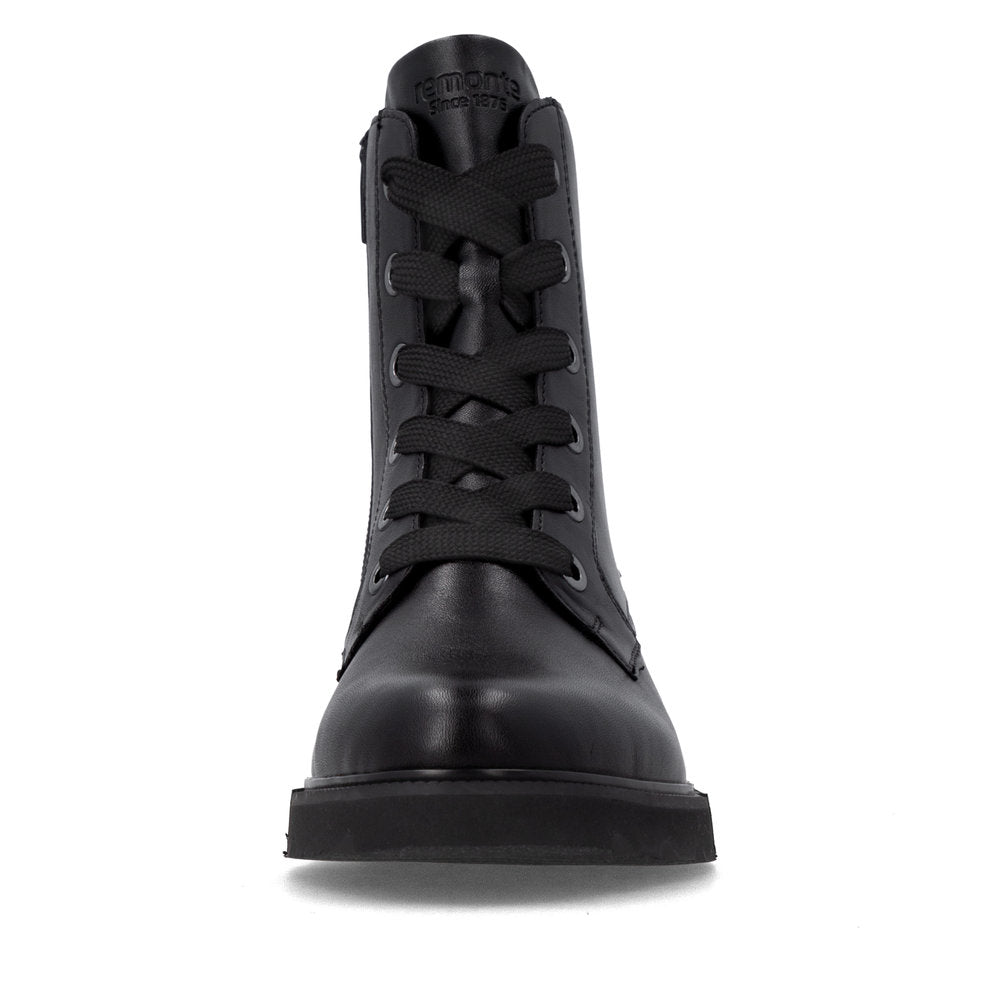 Remonte D3S71-00 women's wide black leather zip & lace ankle boots, front view.