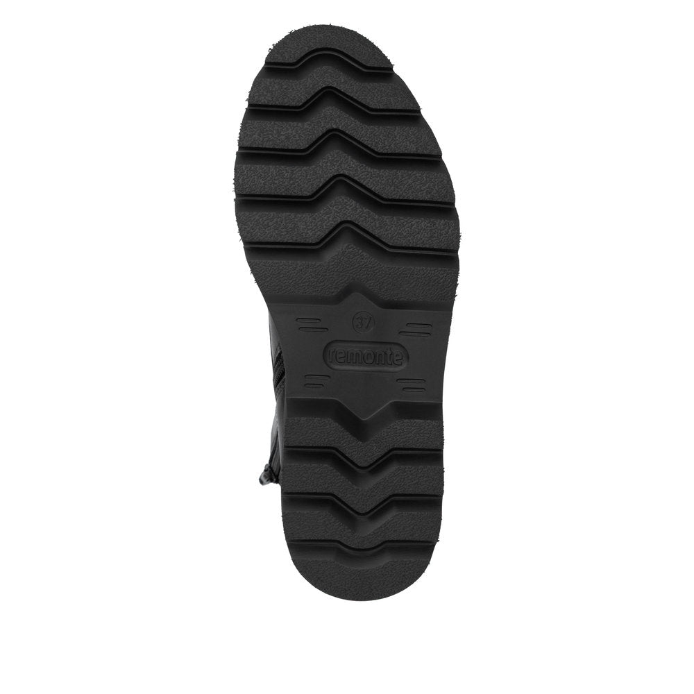 Remonte D3S71-00 women's wide black leather zip & lace ankle boots, sole and tread view.