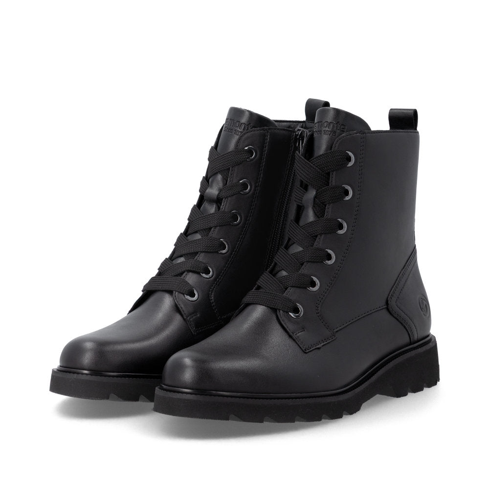 Remonte D3S71-00 women's wide black leather zip & lace ankle boots, paired three-quarter view.