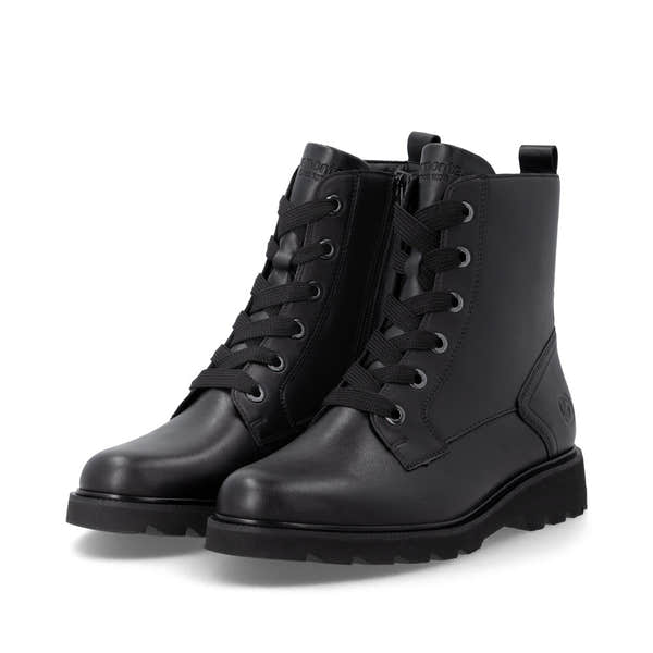 Remonte D3S71-00 women's wide black leather zip & lace ankle boots, paired three-quarter view.