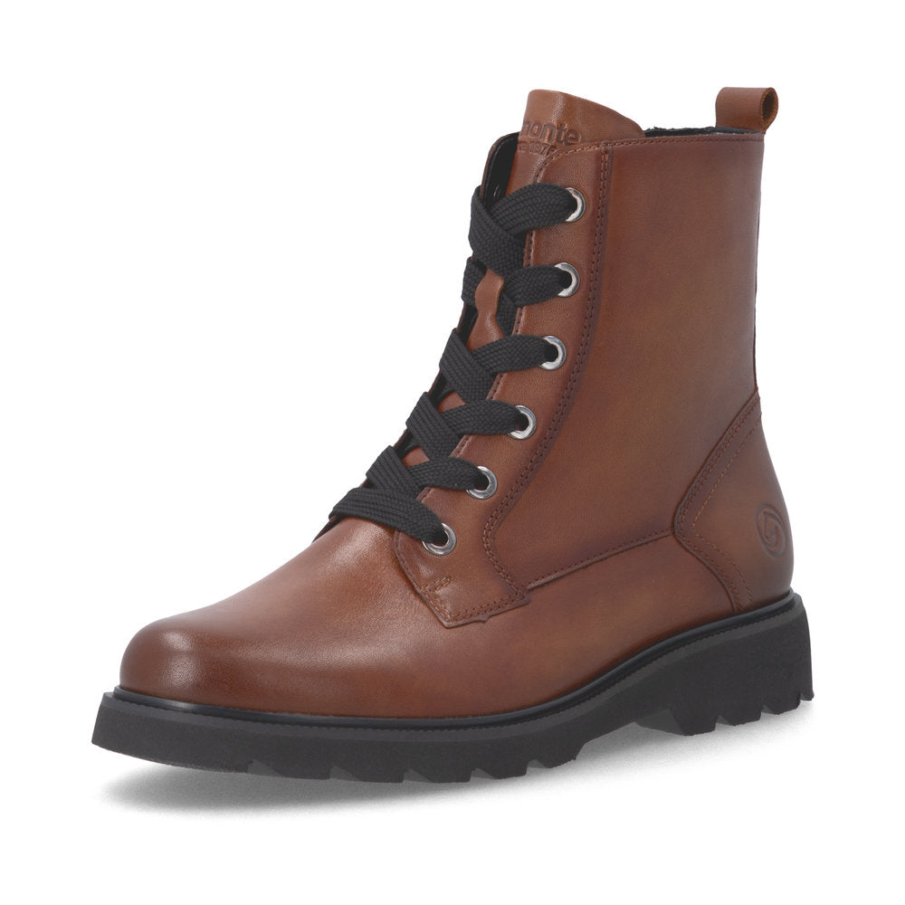 Remonte D3S71-24 women's wide brown leather zip & lace ankle boots, front three-quarter view.