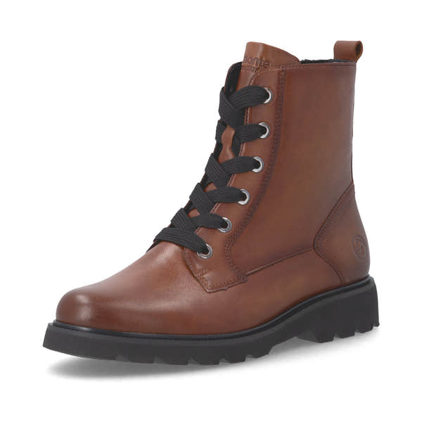 Remonte D3S71-24 women's wide brown leather zip & lace ankle boots, front three-quarter view.