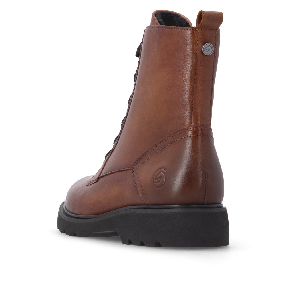 Remonte D3S71-24 women's wide brown leather zip & lace ankle boots, rear three-quarter view.