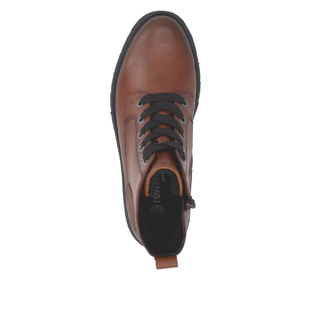 Remonte D3S71-24 women's wide brown leather zip & lace ankle boots, top view.
