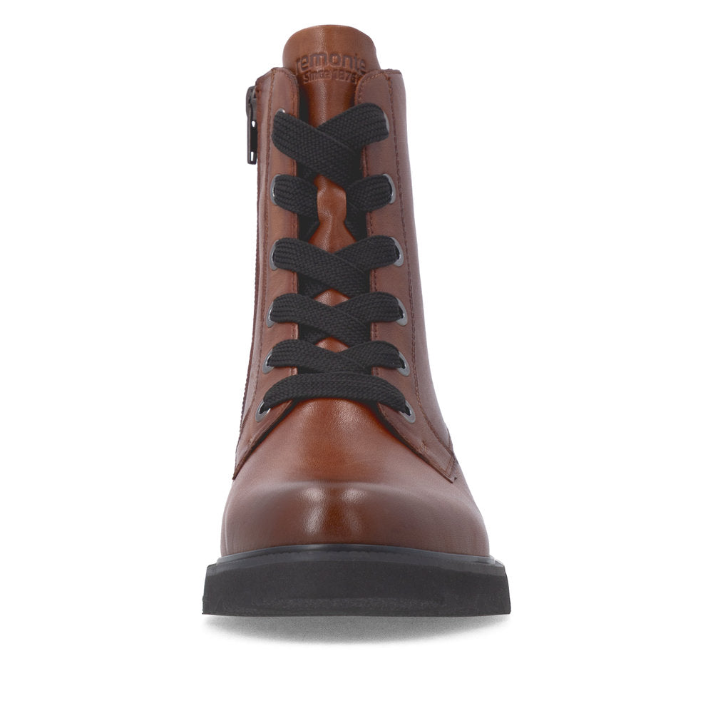 Remonte D3S71-24 women's wide brown leather zip & lace ankle boots, front view.