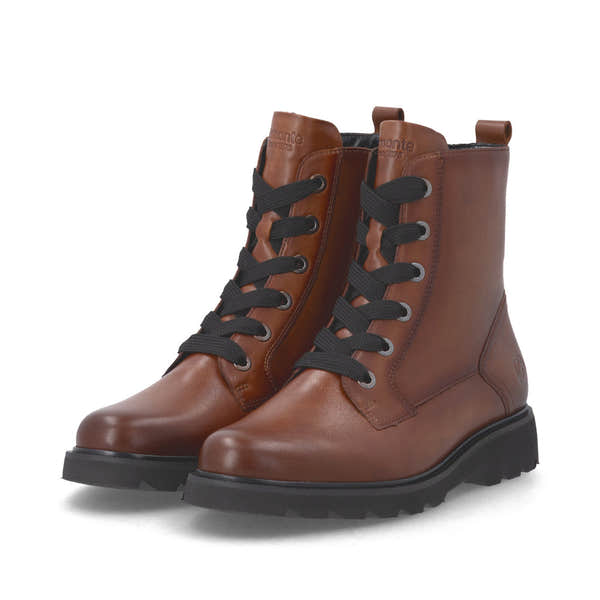 Remonte D3S71-24 women's wide brown leather zip & lace ankle boots, paired three-quarter view.