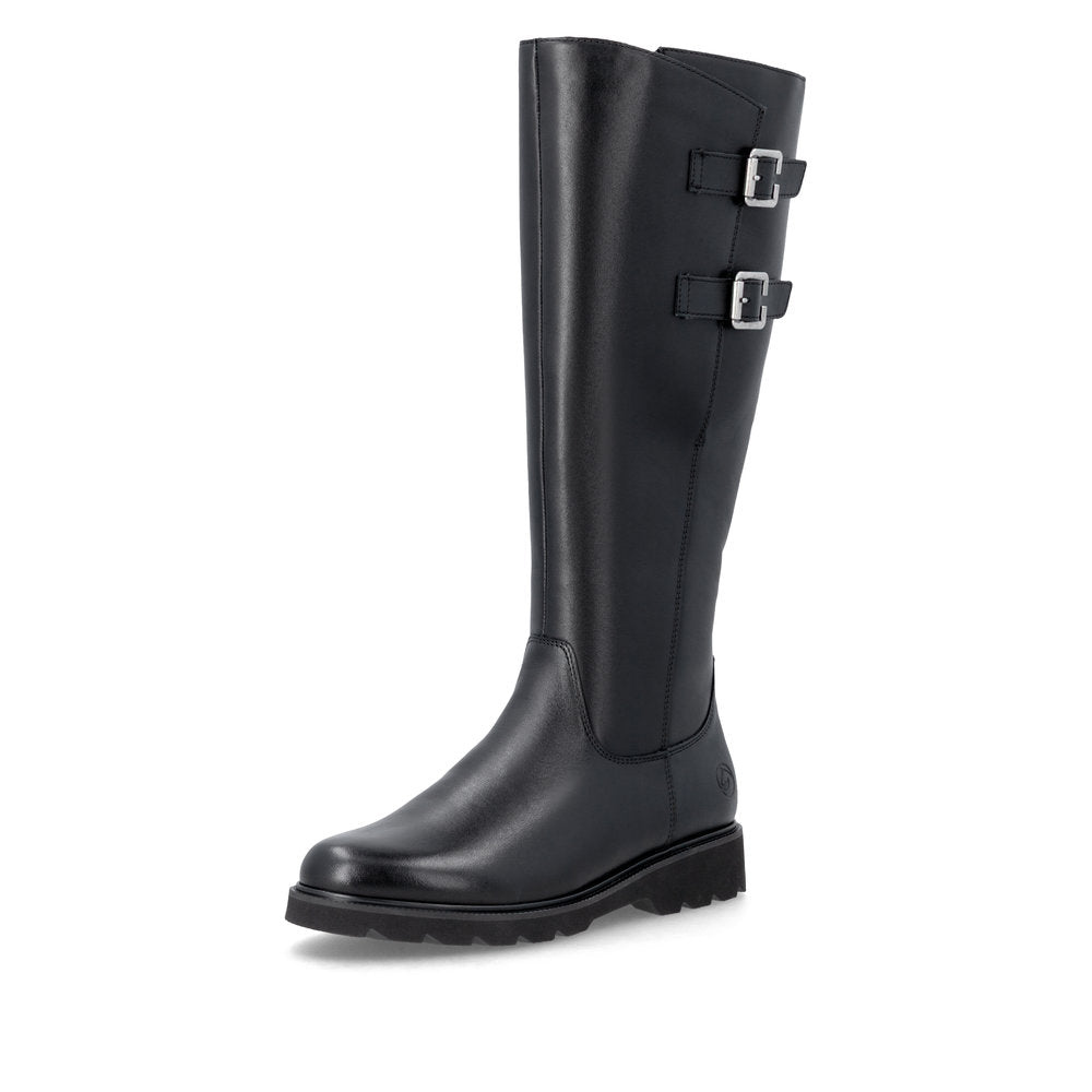 Remonte D3S74-00 women's wide black leather buckle detail side zip long boots, front three-quarter view.