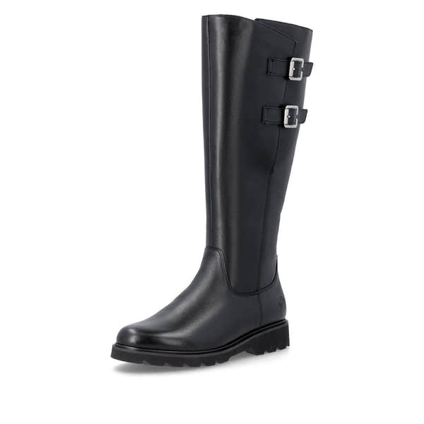 Remonte D3S74-00 women's wide black leather buckle detail side zip long boots, front three-quarter view.
