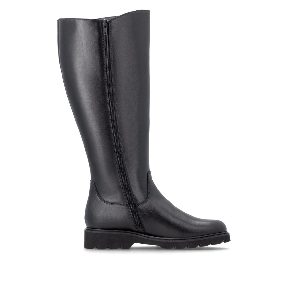 Remonte D3S74-00 women's wide black leather buckle detail side zip long boots, outer side view.