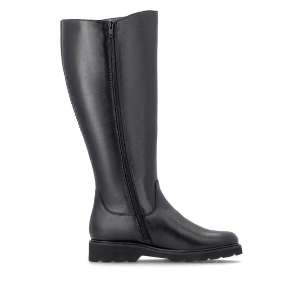 Remonte D3S74-00 women's wide black leather buckle detail side zip long boots, outer side view.