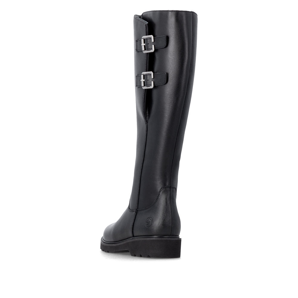 Remonte D3S74-00 women's wide black leather buckle detail side zip long boots, rear three-quarter view.